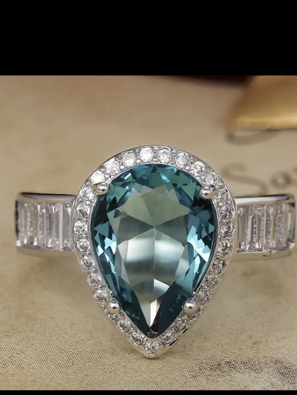 Luxury Pear Shape Blue Diamond Stone Silver Ring for Women Size 7
